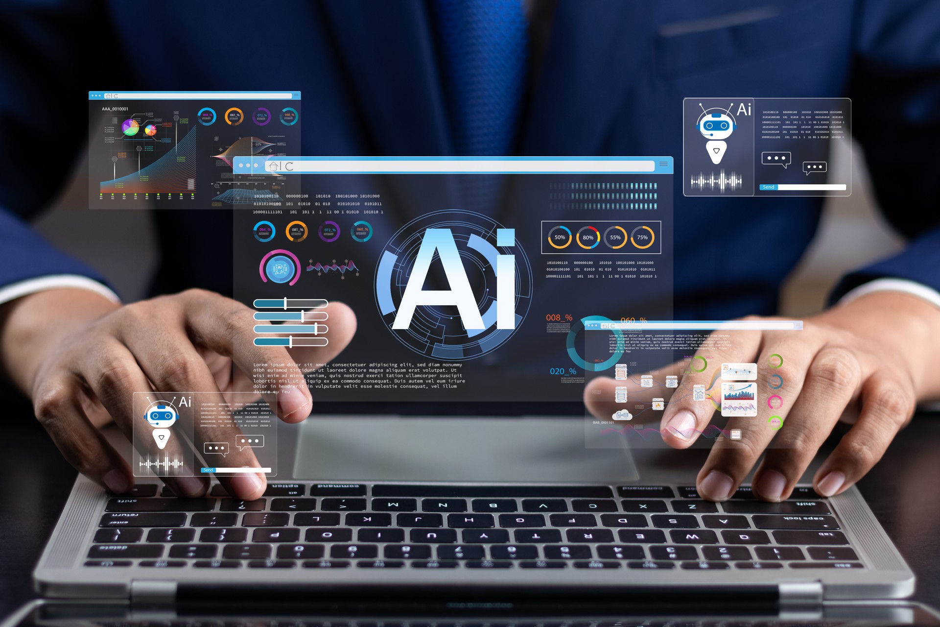 Businessman use artificial intelligence AI technology for enhanced work efficiency data analysis and efficient tools, Unlocking work potential with AI solutions chatbot help solve work problems.