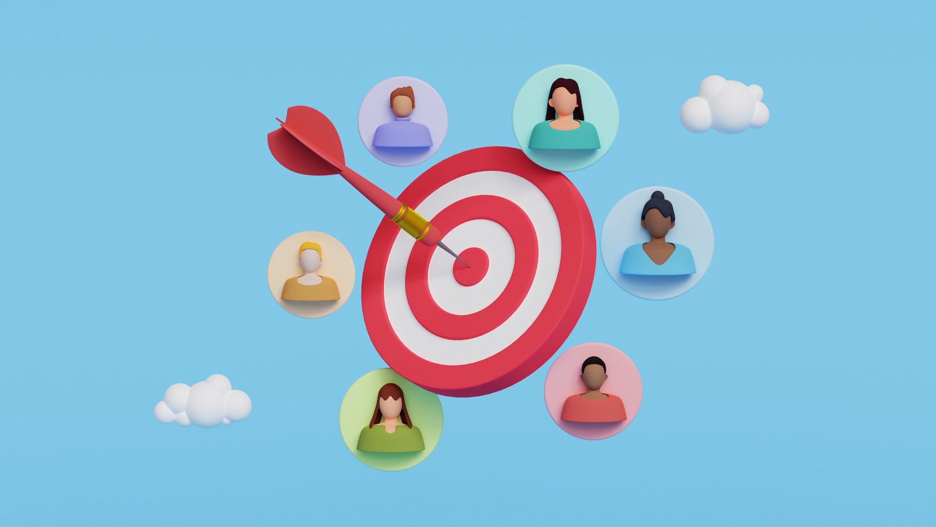 Target customers concept. Audience outreach, sales generation, marketing segmentation, customer attraction campaign, accurate promo, advertising. Dartboard with target customers. 3d illustration