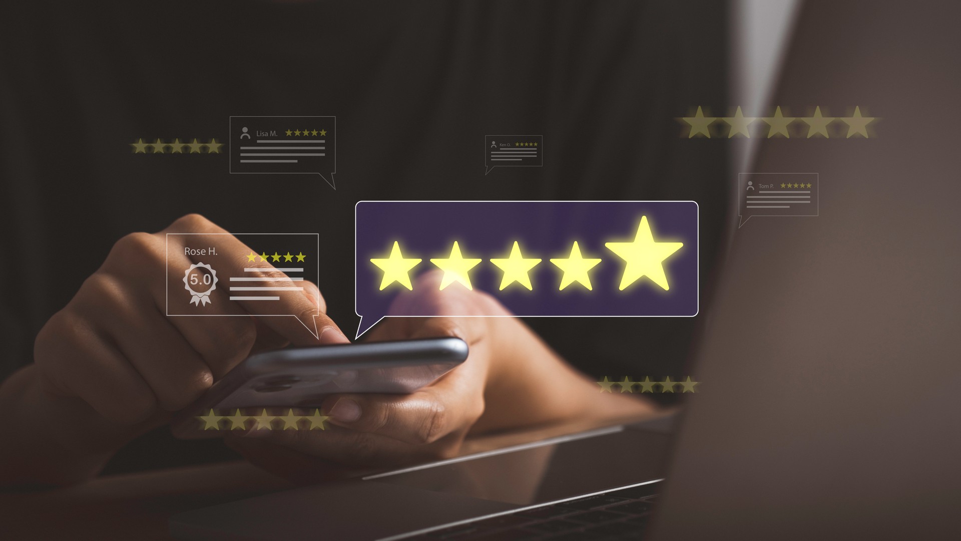 Satisfaction feedback survey concept. Customer user smartphone review evaluation and positive comment give 5 star excellence service. Quality service lead to reputational best ranking of business.